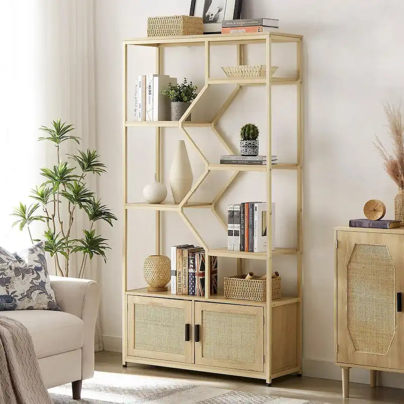 Étagère à livres en rotin à 5 niveaux, bibliothèque avec rangement et placard