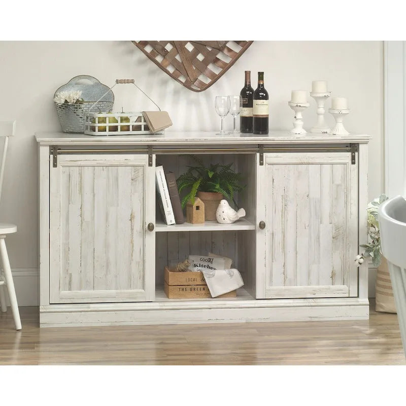 Meuble TV de 60 po avec portes coulissantes, fini blanc planche