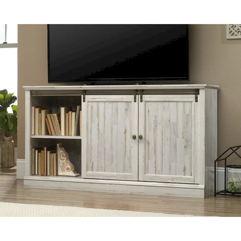 Meuble TV de 60 po avec portes coulissantes, fini blanc planche