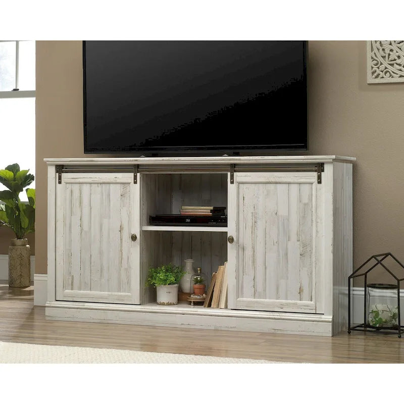 Meuble TV de 60 po avec portes coulissantes, fini blanc planche