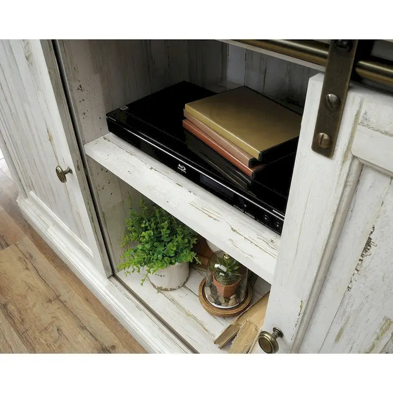 Meuble TV de 60 po avec portes coulissantes, fini blanc planche