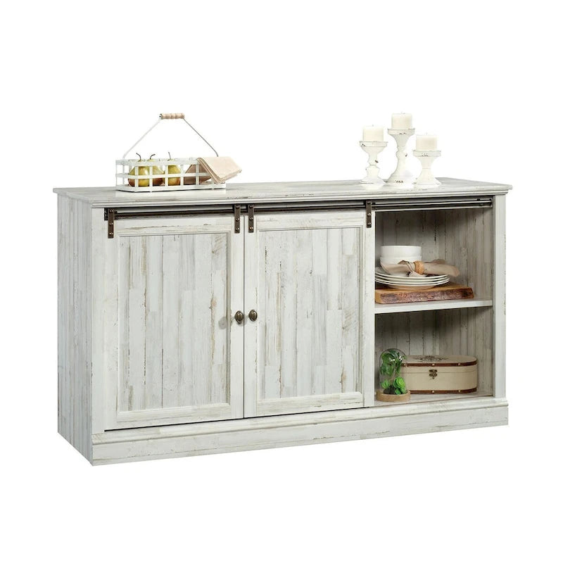 Meuble TV de 60 po avec portes coulissantes, fini blanc planche