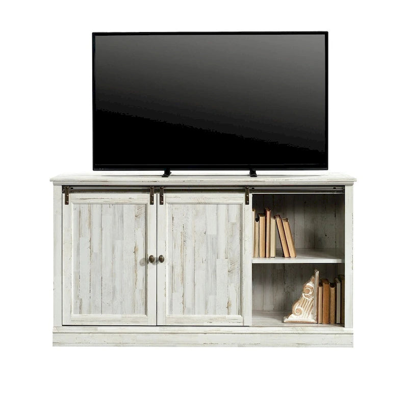Meuble TV de 60 po avec portes coulissantes, fini blanc planche