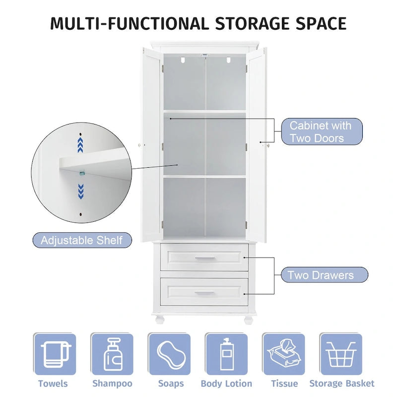 Meuble de rangement haut avec deux tiroirs pour salle de bain/bureau, blanc