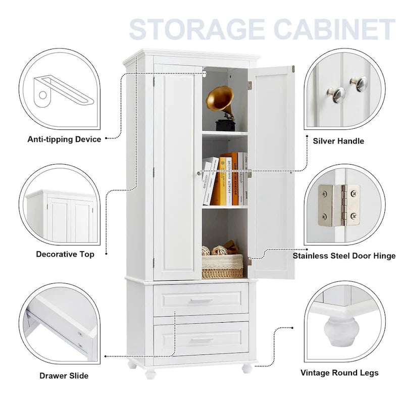 Meuble de rangement haut avec deux tiroirs pour salle de bain/bureau, blanc